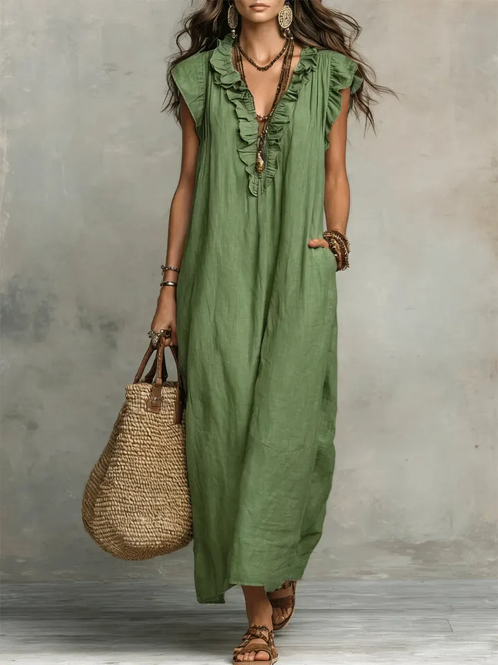 Elegant Ruffled Cotton Linen Dress – Casual Loose Fit Midi Dress