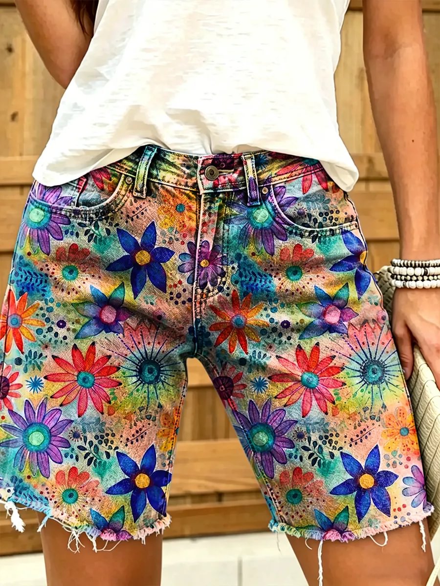 Ethnic Style Colorful Floral Gradient Print Women's Casual Denim Shorts
