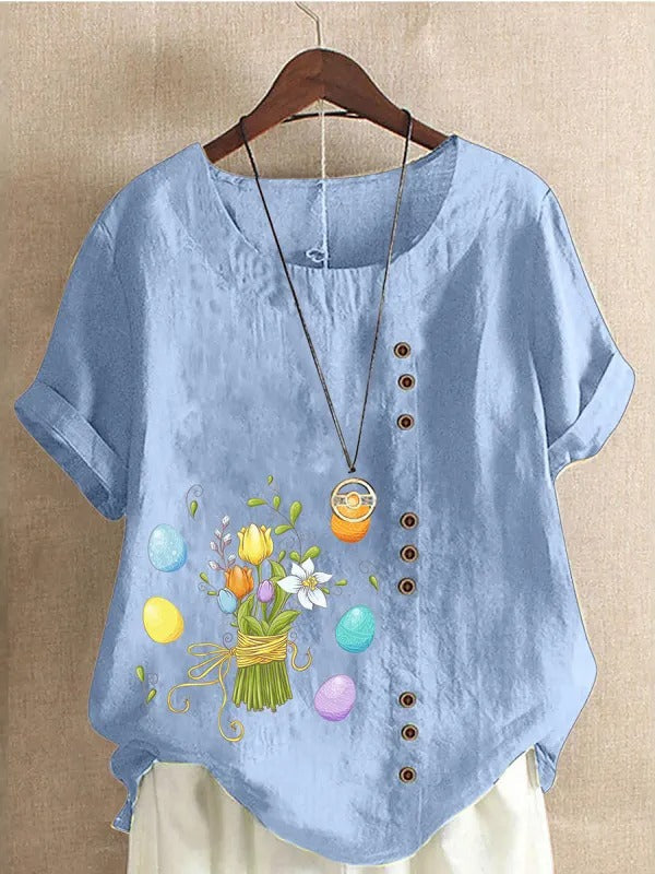 Comfysol Light Blue Casual Round Neck Floral Printed Short Sleeve Blouse