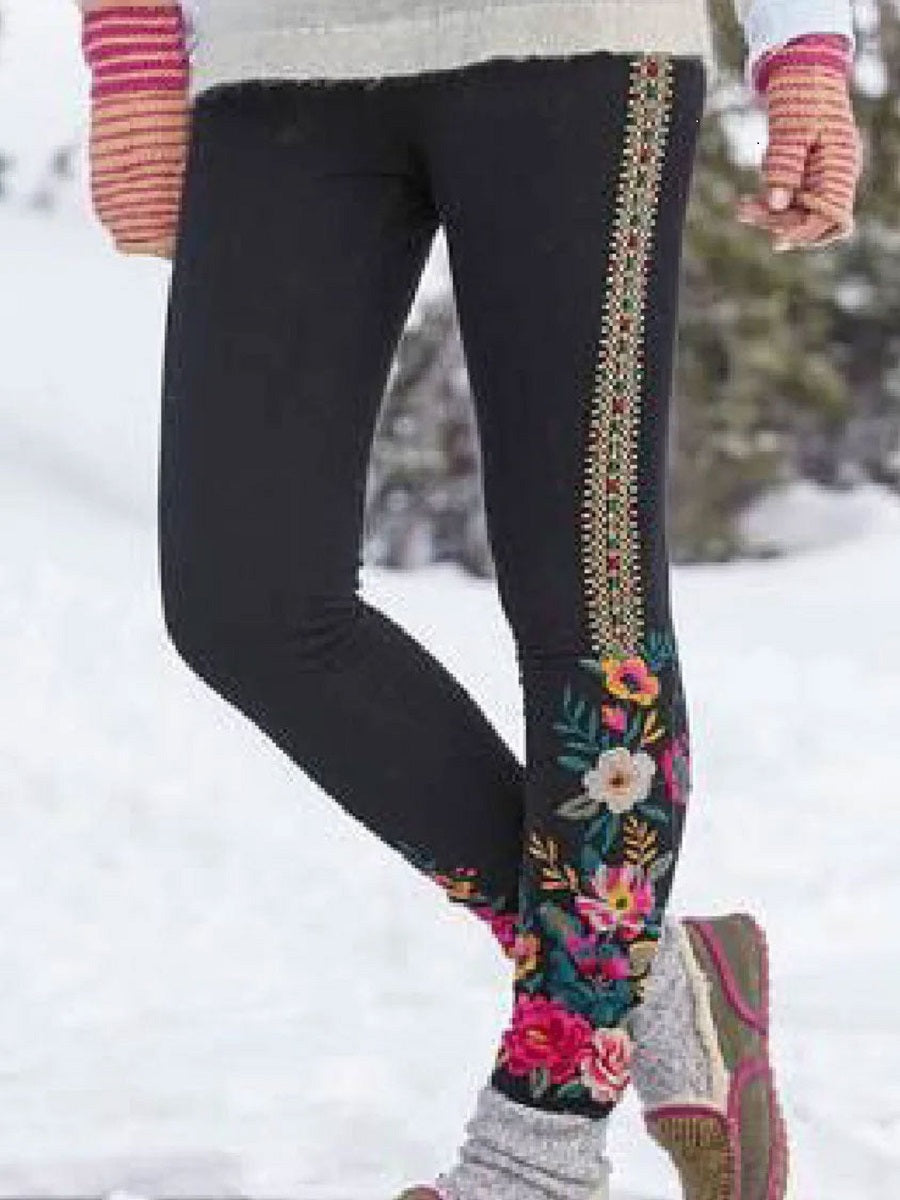 Comfysol Black Casual Floral Printed Leggings