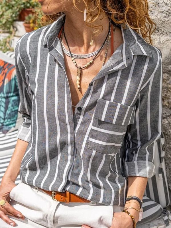 Comfysol Gray Casual Stand Collar Stripe Long Sleeve Blouse