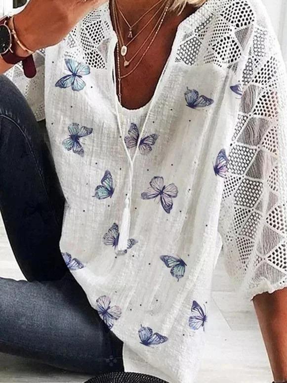 Comfysol Butterfly Printed Floral Short Sleeve V Neck Casual Blouse