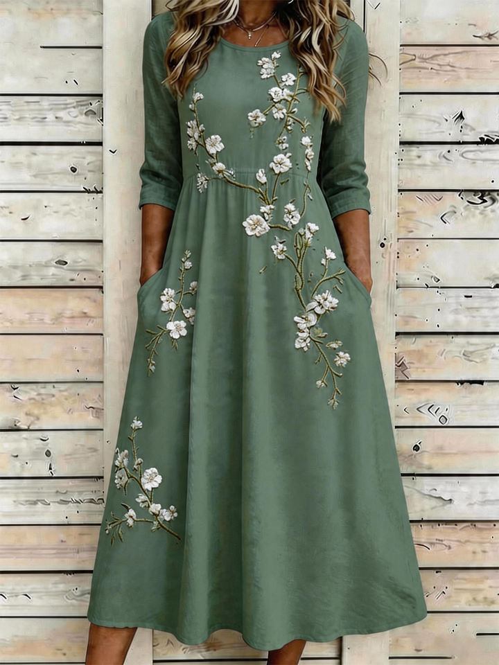 Round Neck Floral Embroidered Maxi Dress with Pockets