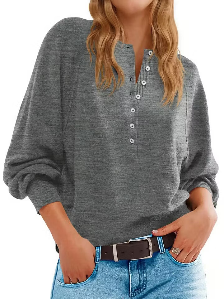 Womens Henley Button Fall Long Sleeve Loose Knit Pullover Top