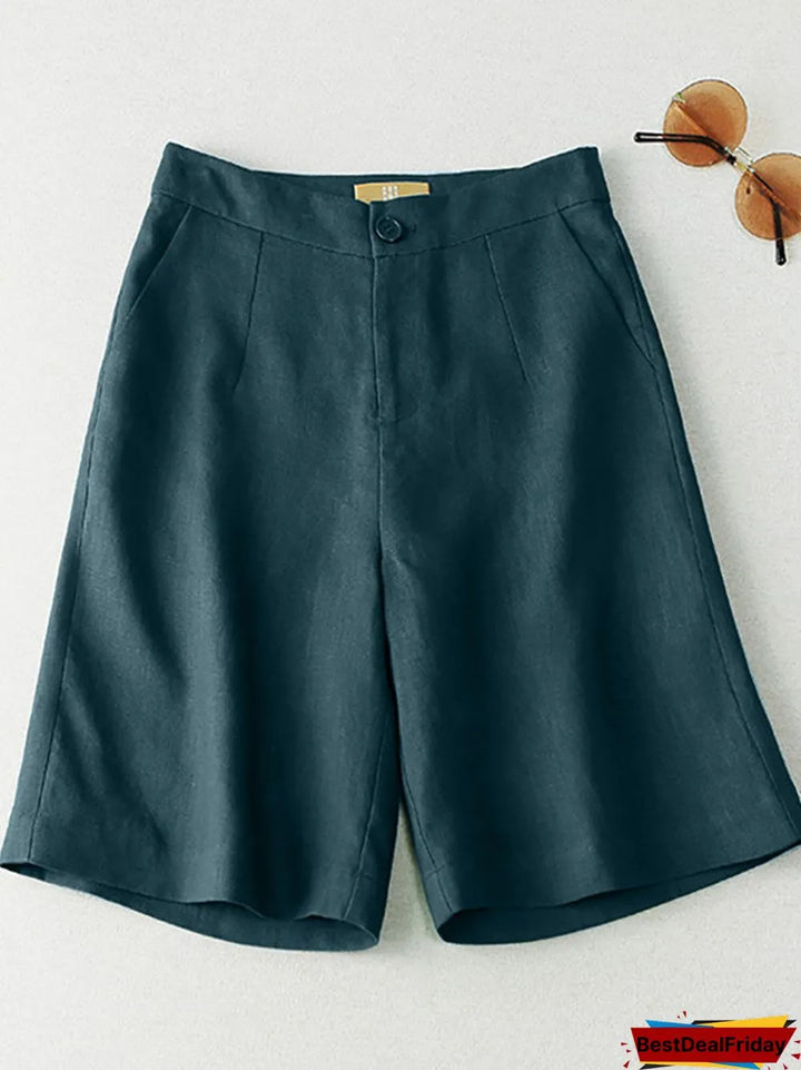 Solid Pocket Button Casual Loose Shorts