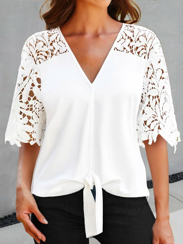 Comfysol White Casual V Neck Lace Half Sleeve Blouse