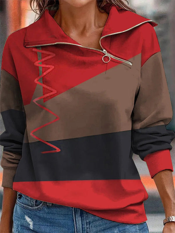 Comfysol Red Casual Graphic Tops Lapel Long Sleeve Patchwork Printed Sweatshirts