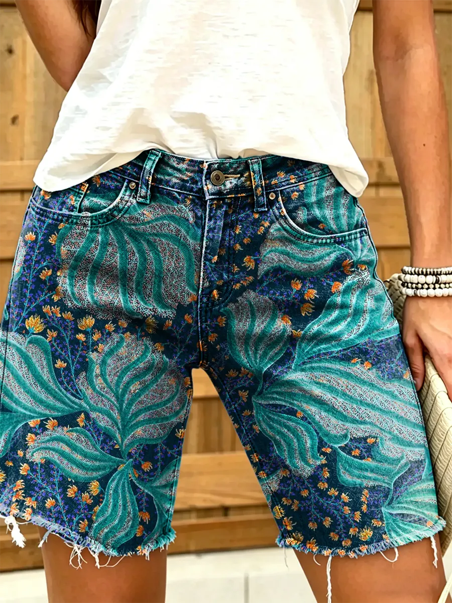 Women's Retro Print Denim Shorts