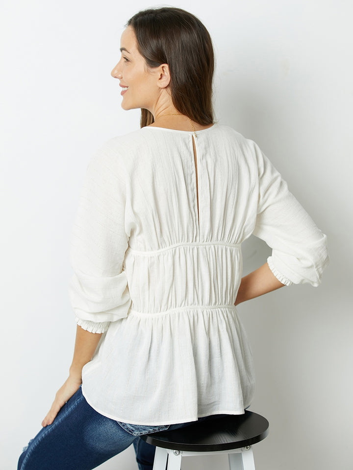 Comfysol Whitegold Solid Ruffles V-neck Long Sleeve Blouse