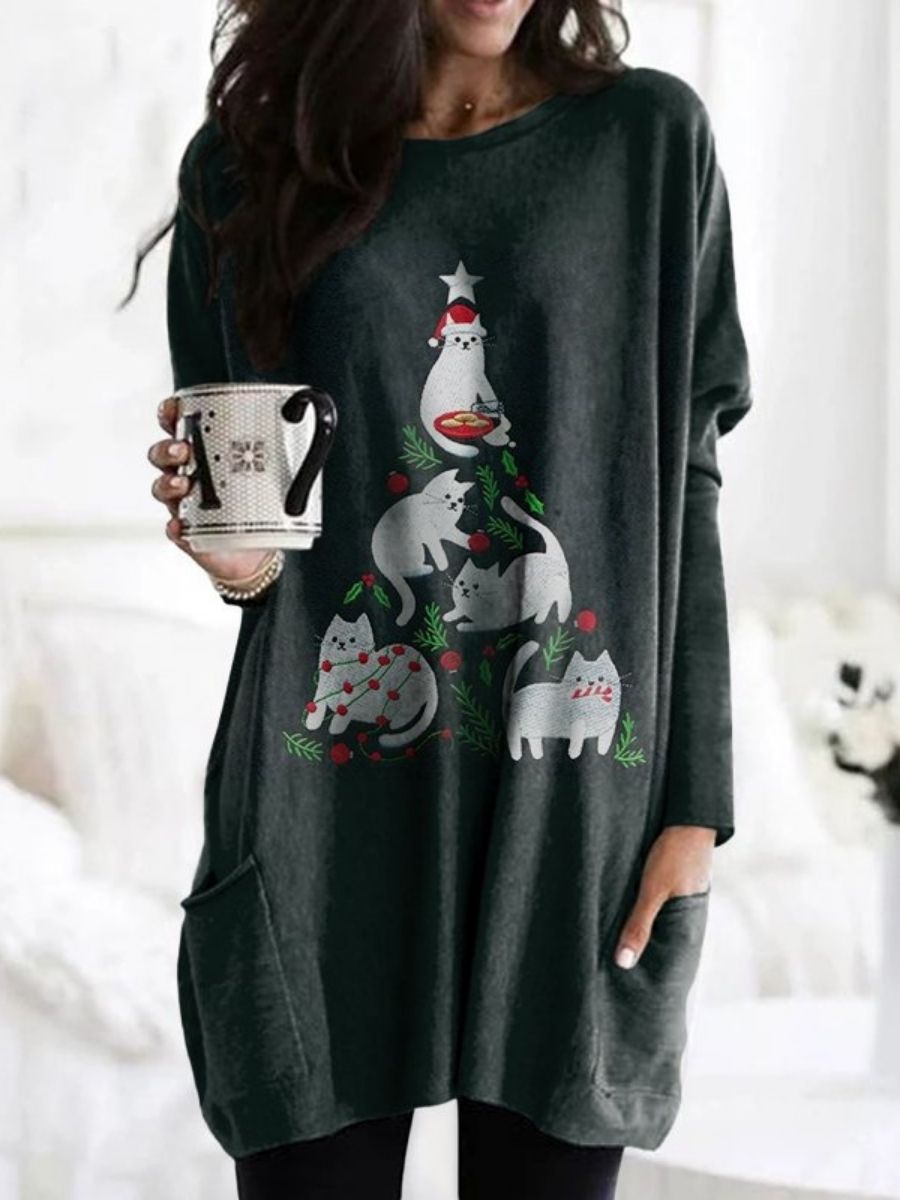 Comfysol Black Casual Graphic Tops Round Neck Cat Printed Long Sleeve Sweatshirts