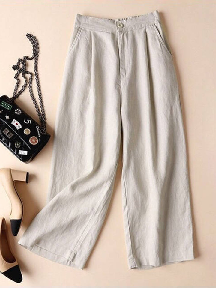 Comfysol Solid Pockets Elastic Cotton Casual Straight Pants