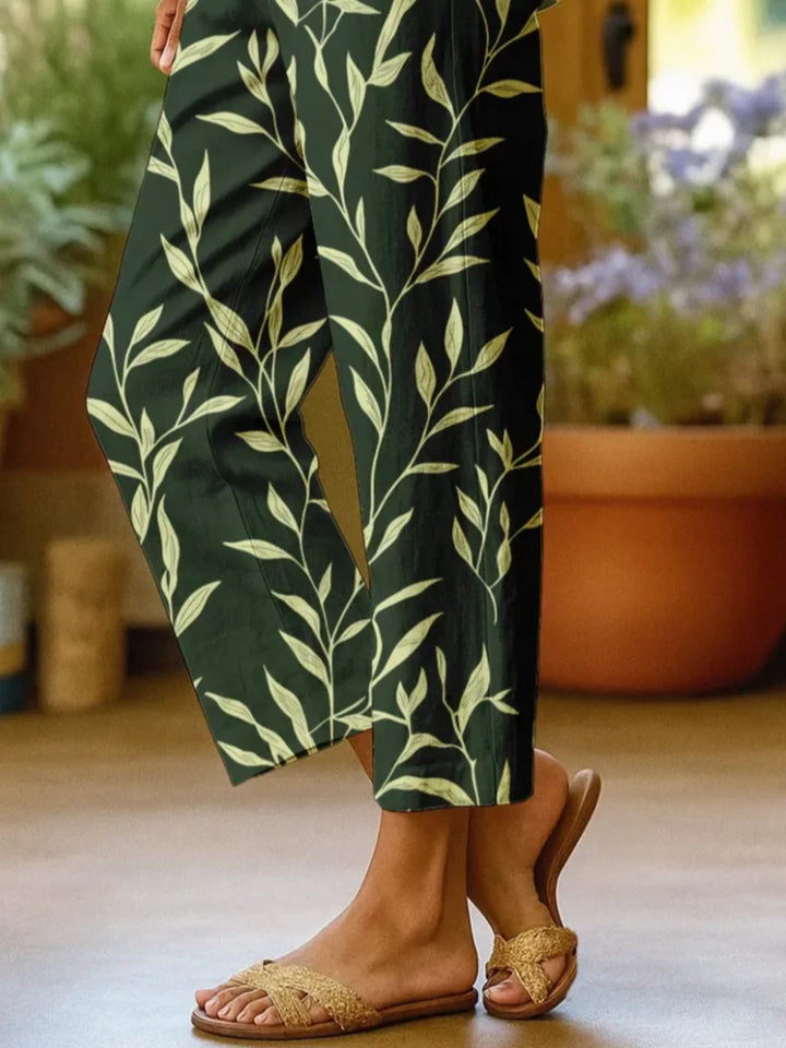 Green Leaf Print Casual Trousers for Spring and Autumn