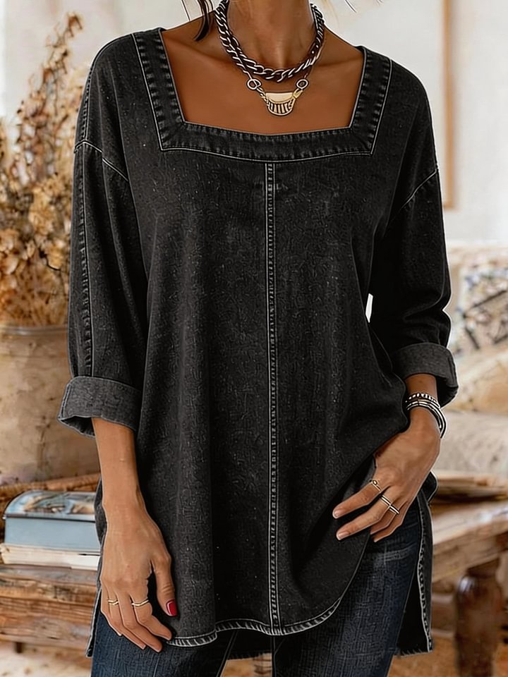 Women's Casual Long-sleeved Square Neck Denim Top