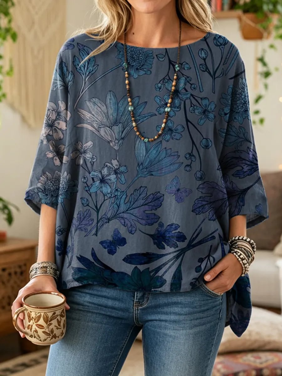 Ethnic Flower Women's Art Print Casual 3/4 Sleeve Cotton Top