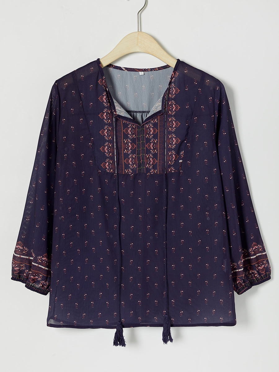 Comfysol Casual V-neck 3/4 Sleeve Boho Border Print Blouse