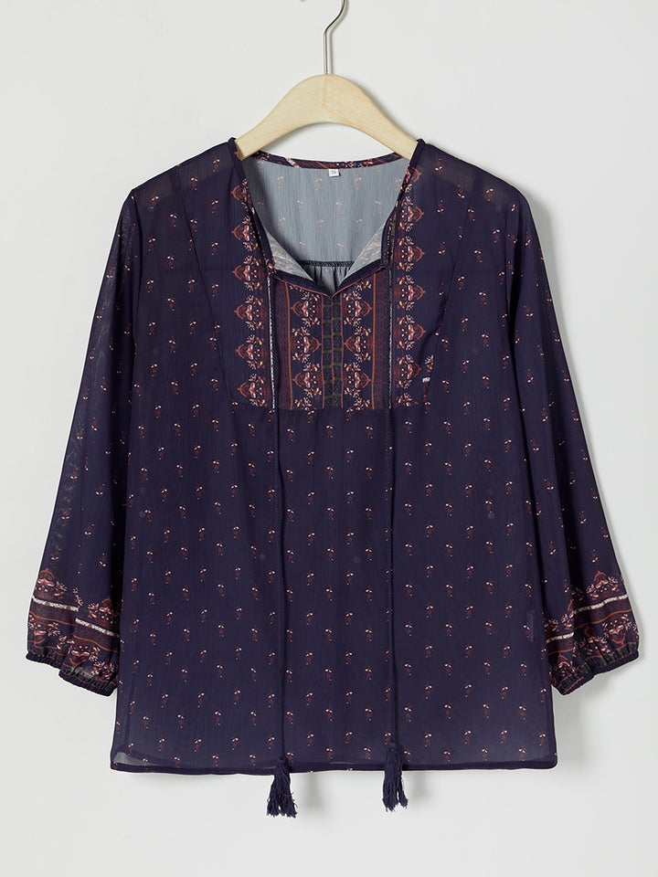 Comfysol Casual V-neck 3/4 Sleeve Boho Border Print Blouse