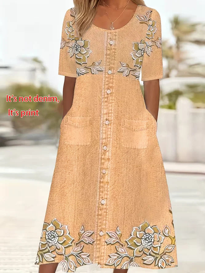 Women Floral Short Sleeve Crew Neck Printing Dress Daily Casual Maxi Shift Dress H-Line Summer Dress