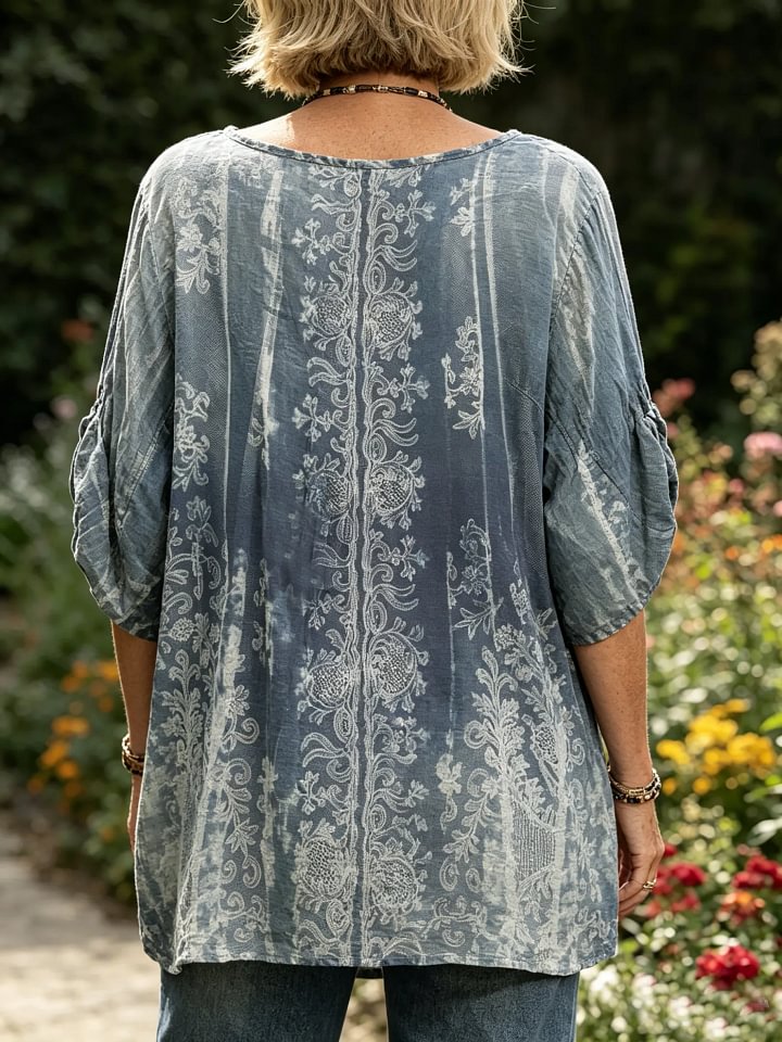 Women's Indigo Blue Vintage Floral Print Rolled Sleeve Top