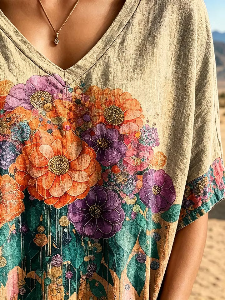 Women's Vibrant Floral Bouquet Art Print Cotton V-Neck Loose Top
