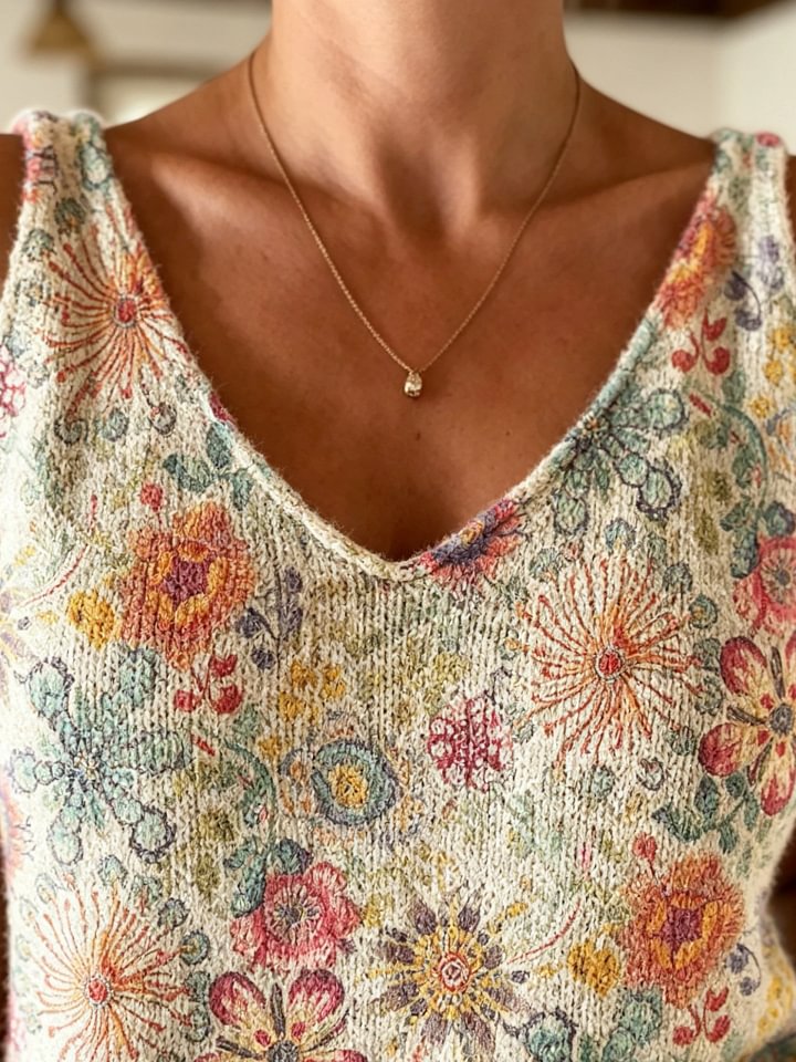 Women's Retro Ethnic Floral Art Print Casual Sleeveless V-neck Wool Blend Knit Top