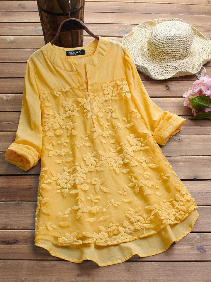Comfysol Patchwork Floral Embroidered Irregular Vintage Blouse