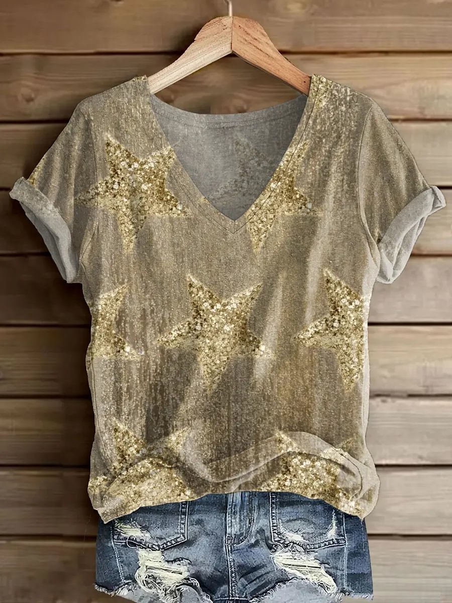 Women's Short-Sleeve V-Neck Top with Star-Print Artistic Pattern