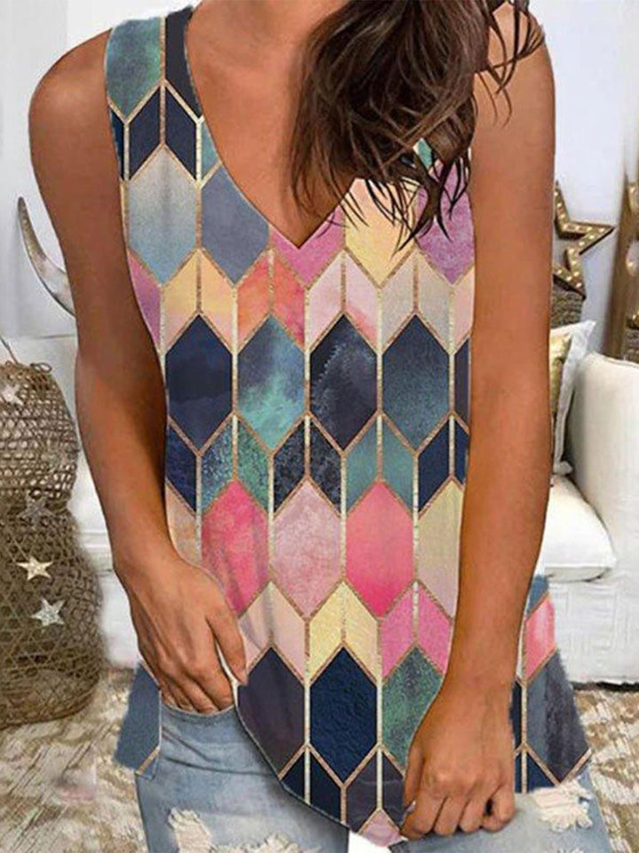 Comfysol V-Neck Geometric Printed Sleeveless Blouse