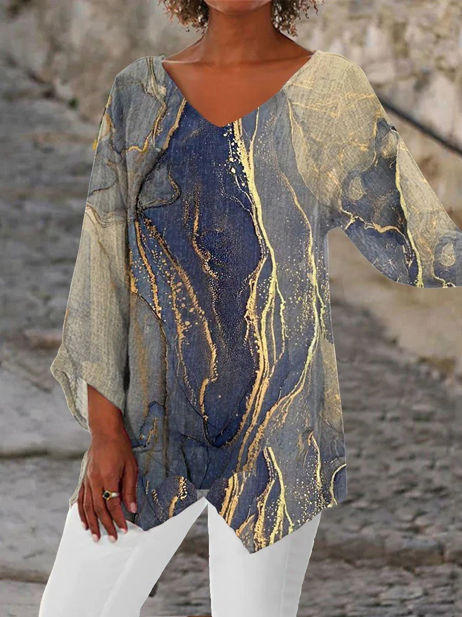 Comfysol Colorful Casual V Neck Printed Long Sleeve Blouse
