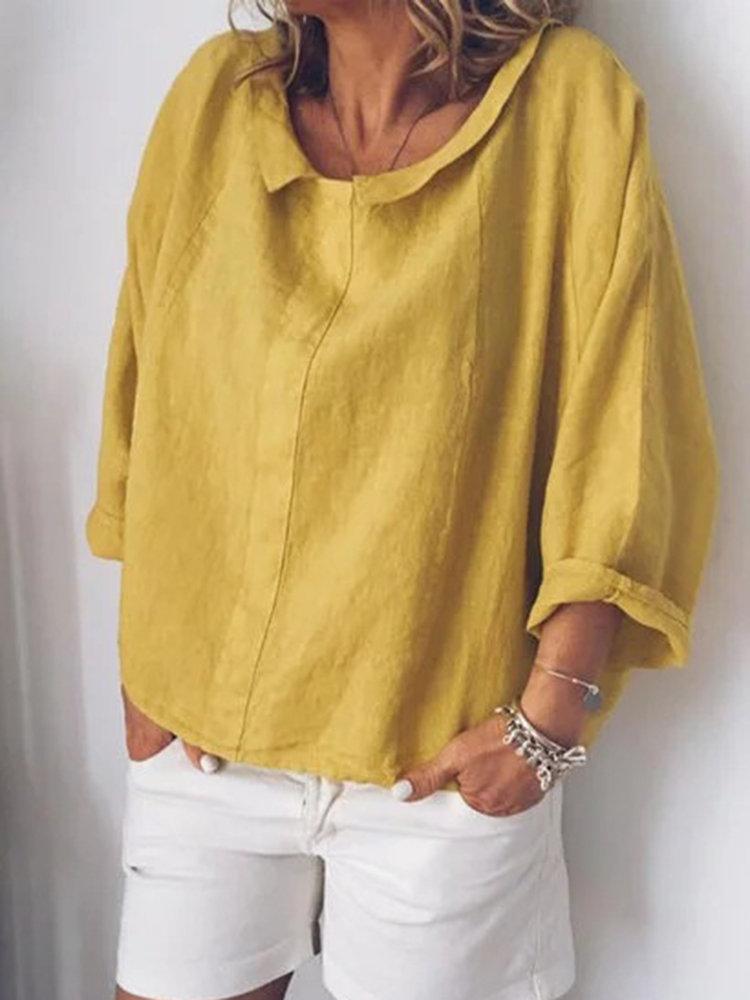 Comfysol Lapel Solid Color Loose Three Quarter Sleeve Casual Blouse