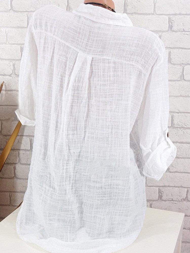 Comfysol White Solid with Buttons Casual Stand Collar Blouse