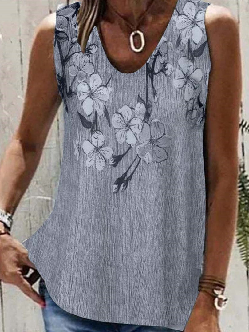 Comfysol Gray Casual V Neck Floral Printed Sleeveless Tank