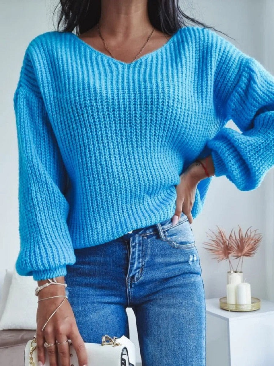 Comfysol Blue Casual V Neck Solid Long Sleeve Sweater