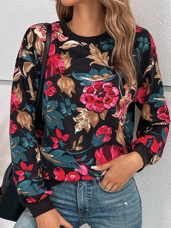 Comfysol Multicolor Casual Graphic Tops Round Neck Long Sleeve Floral Printed Blouse