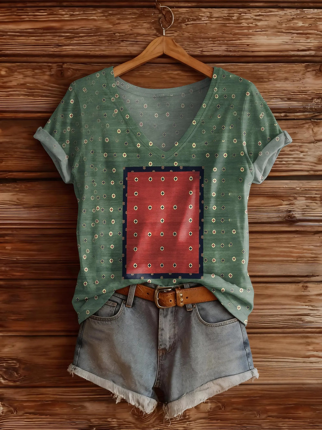 Women's Retro Bohemian Pattern Art Print V-Neck Short-Sleeve Top