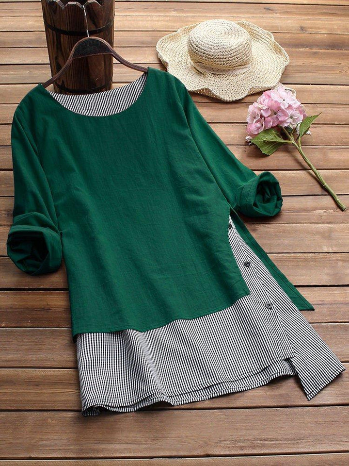 Comfysol Stripe Patchwork Asymmetrical Long Sleeve Casual Blouse
