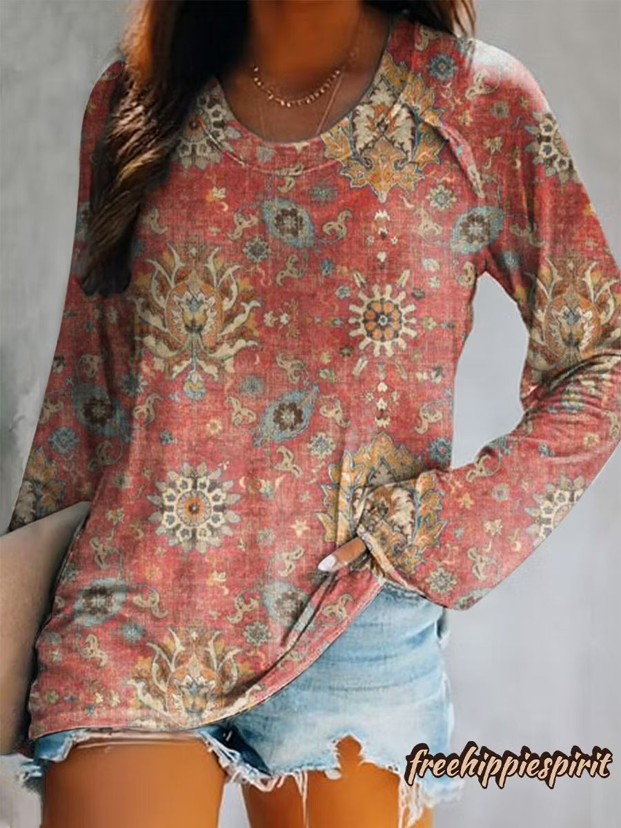 Women's National Totem Art Print Casual Crew Neck Long Sleeve Tops