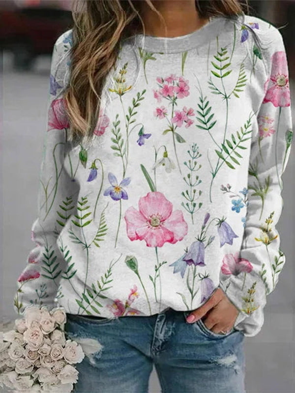 Comfysol Pink Casual Graphic Tops Round Neck Long Sleeve Floral Printed Sweatshirts