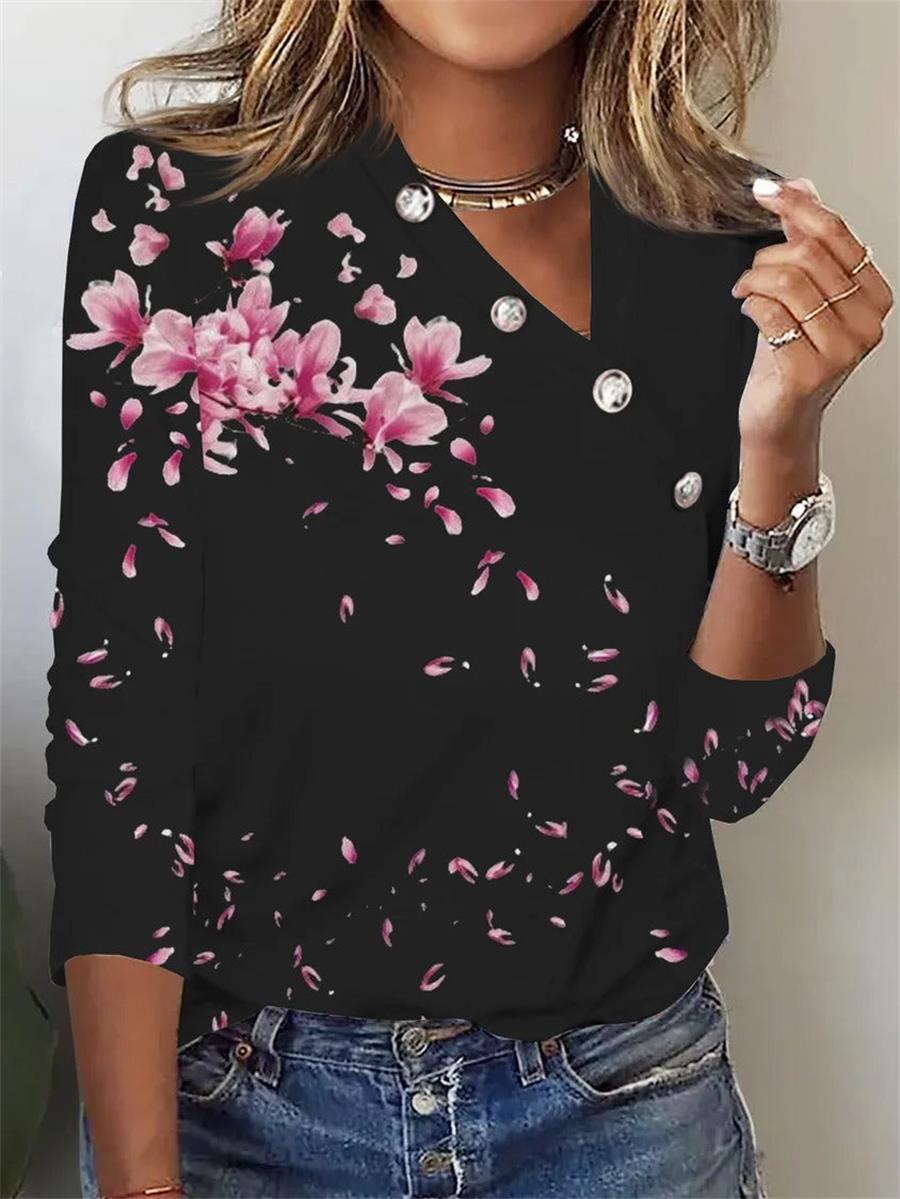 Comfysol Black Casual Graphic Tops V Neck Floral Printed Long Sleeve Blouse