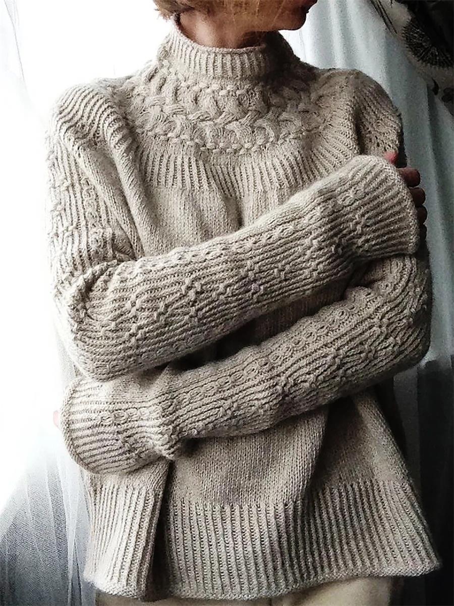 Comfysol Khaki Casual High Neck Solid Long Sleeve Sweater