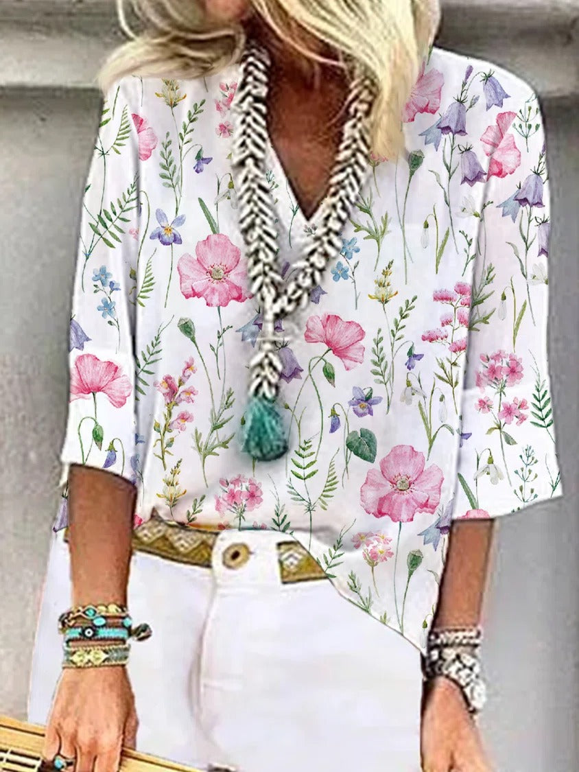Comfysol Multicolor Casual Graphic Tops V Neck Floral Printed 3/4 Sleeve Blouse