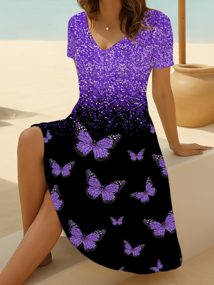 Women Butterfly  Printing Dress V Neck Daily Casual Midi Fit & Flare Dress A-Line Dress