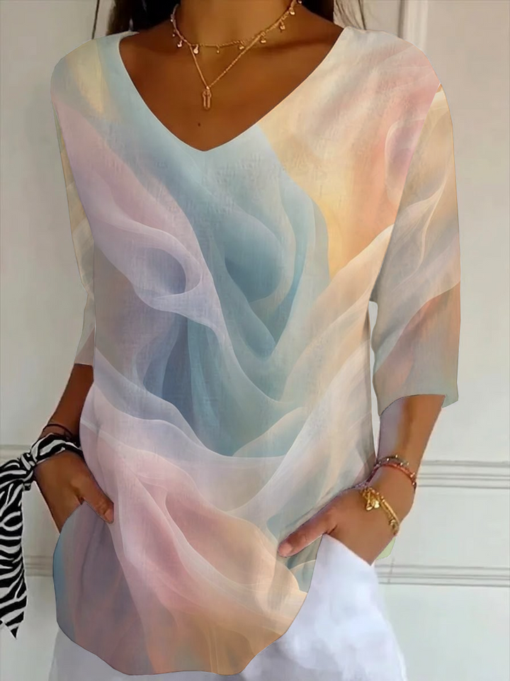 Watercolor Gradient V-Neck Three Quarter Sleeve Top