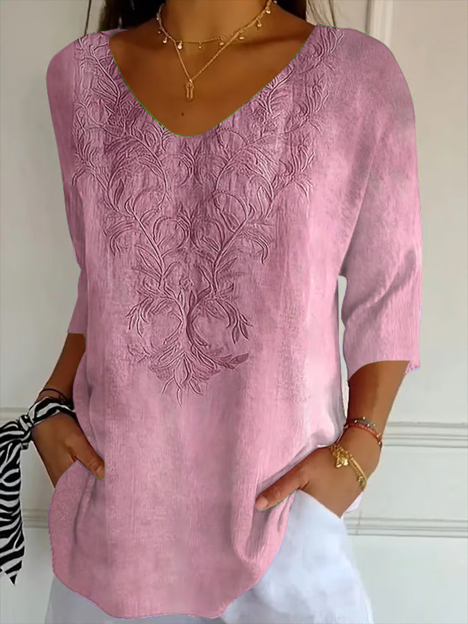 Women Floral Three Quarter Sleeve Tee T-shirt V Neck Printing Casual Spring/Fall Graphic Tee Top