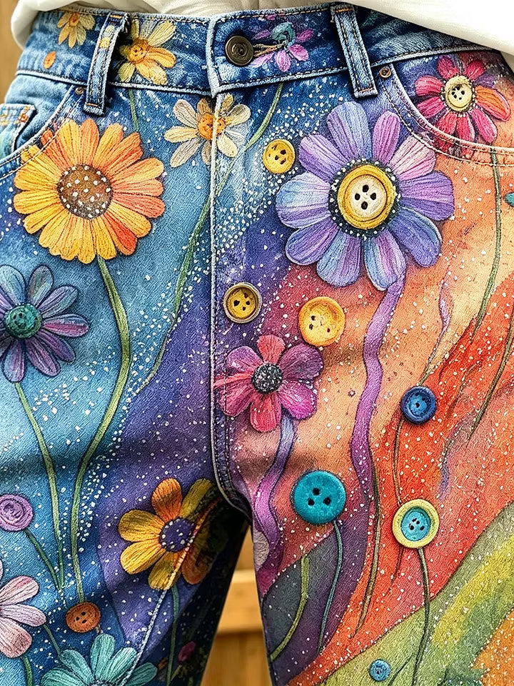 Women's Whimsical Daisy Print Denim Bermuda Shorts