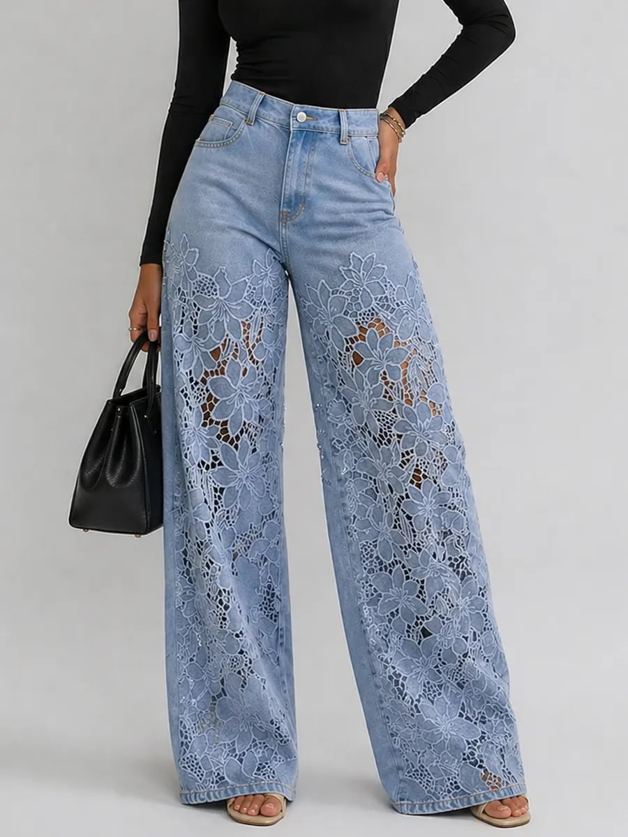Lace Cut-out Wide-leg Denim Jeans