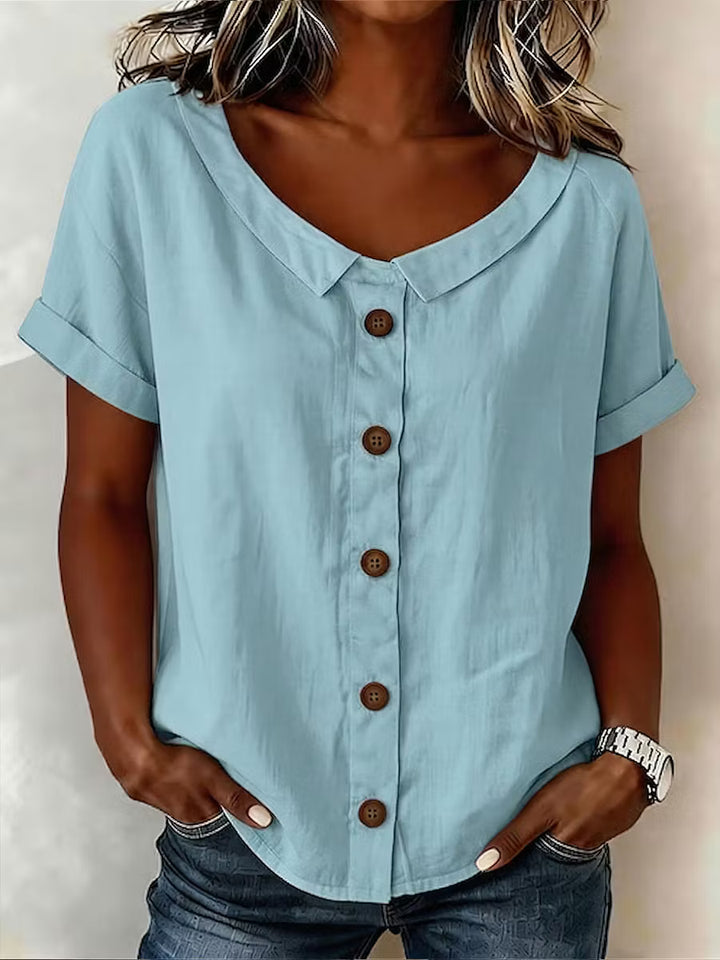 Women's Solid-color Round-neck Short-sleeve Casual Loose Cotton-linen Cardigan