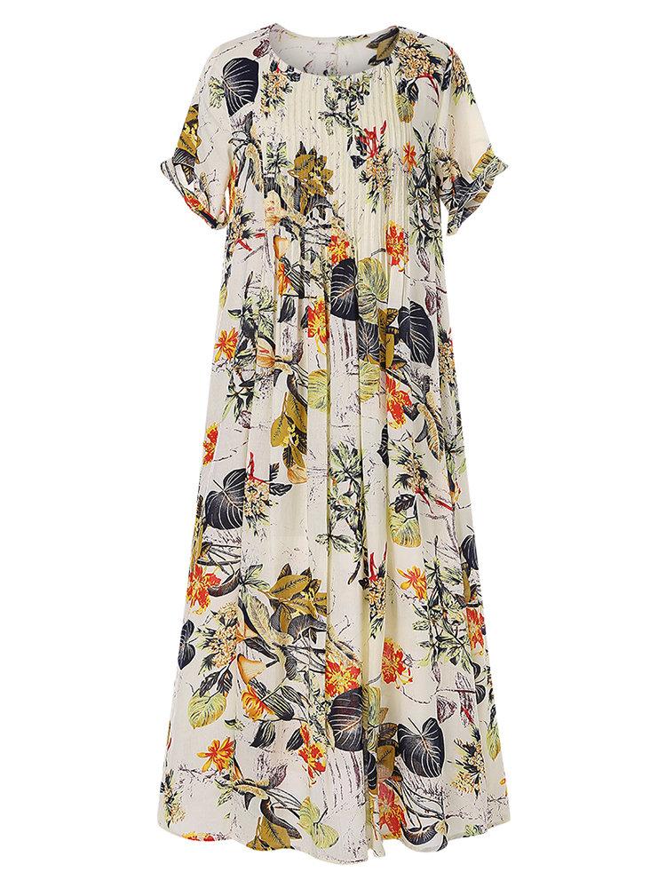 Comfysol Pleated Leaves Floral Print Vintage Dress