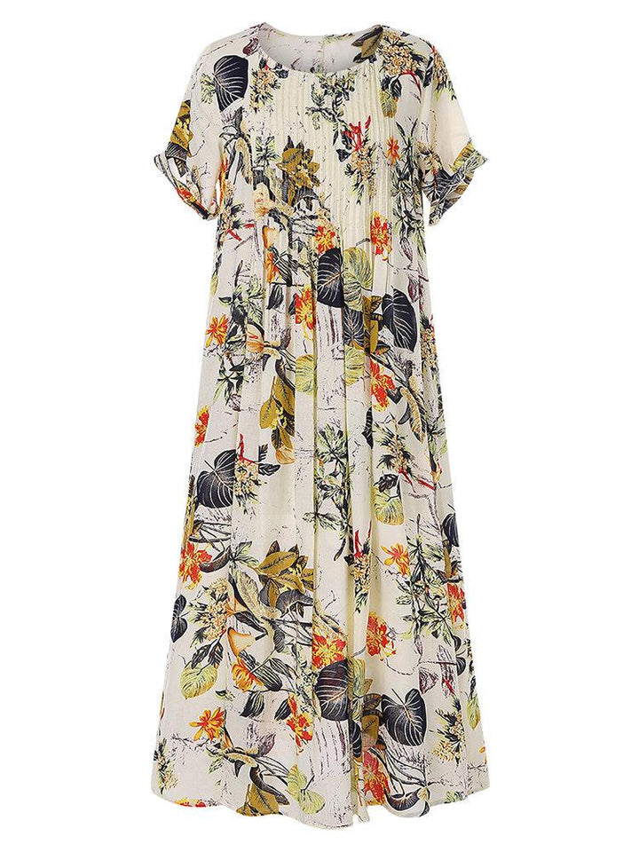 Comfysol Pleated Leaves Floral Print Vintage Dress