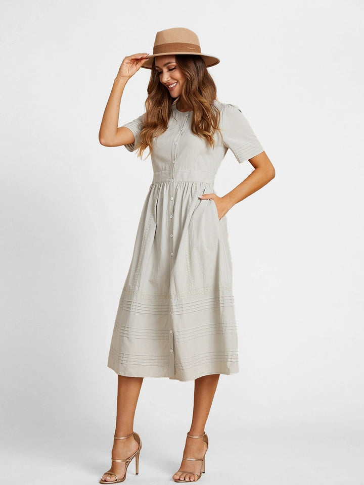 Comfysol Solid Buttons Round Neck Sage Short Sleeve Maxi Dress