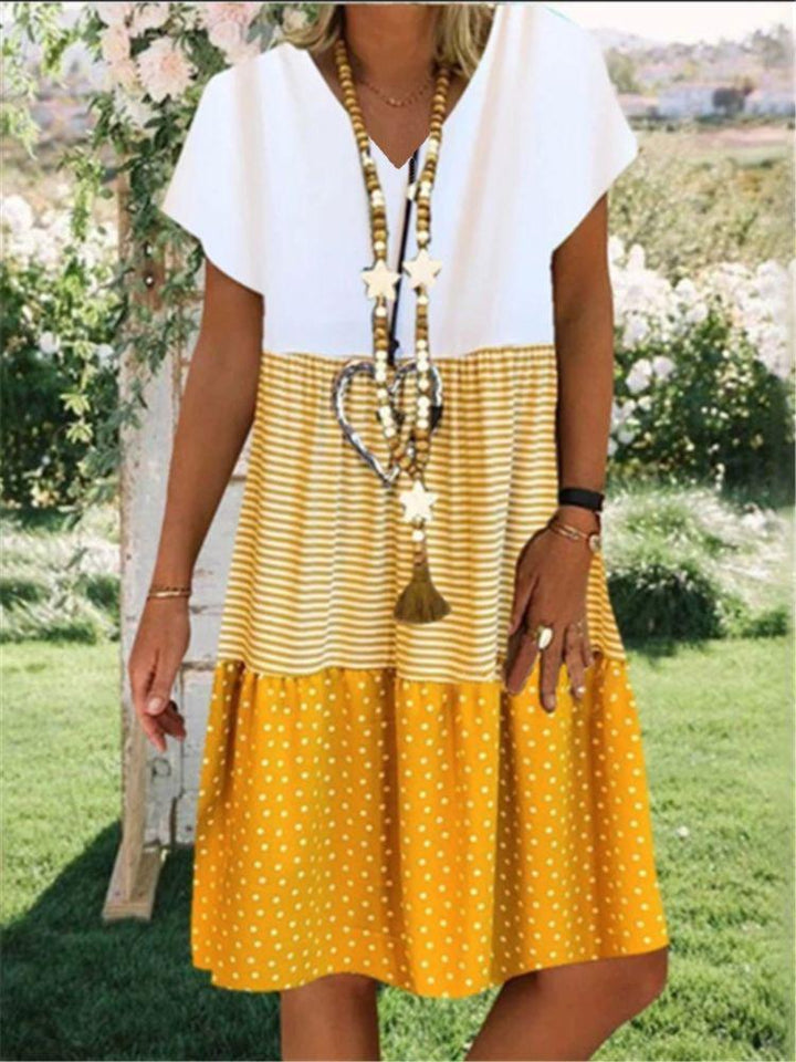 Comfysol V-neck Stripe Polka Dot Print Casual Short Sleeve Short Knee Length Dress